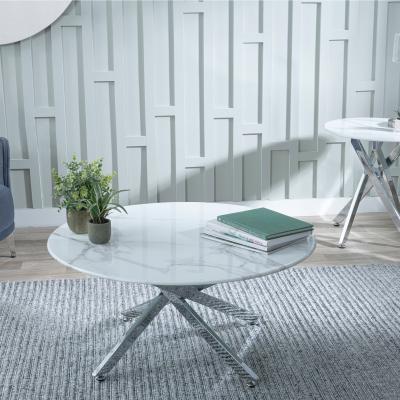 Product photograph of Chopstick White Glass Round Coffee Table With Chrome Metal Chopstick Legs from Choice Furniture Superstore