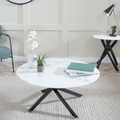 Product photograph of Chopstick White Glass Round Coffee Table With Black Metal Chopstick Legs from Choice Furniture Superstore