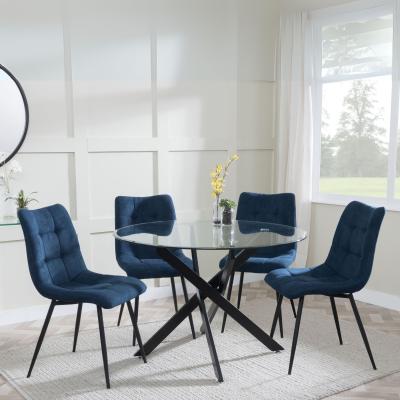 Chopstick Clear Glass And Black Metal 4 Seater Round Dining Set 4 Corona Blue Fabric Chairs