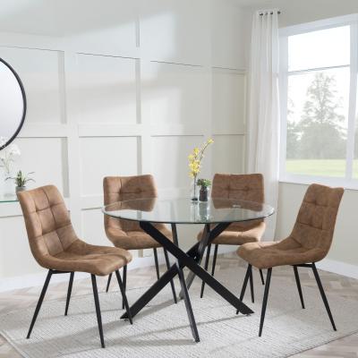 Product photograph of Chopstick Clear Glass And Black Metal 4 Seater Round Dining Set - 4 Corona Brown Fabric Chairs from Choice Furniture Superstore