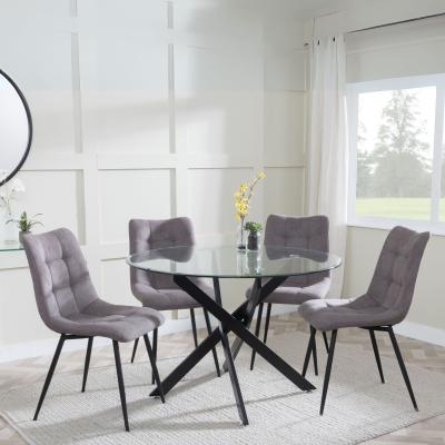 Product photograph of Chopstick Clear Glass And Black Metal 4 Seater Round Dining Set - 4 Corona Camel Fabric Chairs from Choice Furniture Superstore