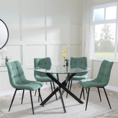 Product photograph of Chopstick Clear Glass And Black Metal 4 Seater Round Dining Set - 4 Corona Green Fabric Chairs from Choice Furniture Superstore