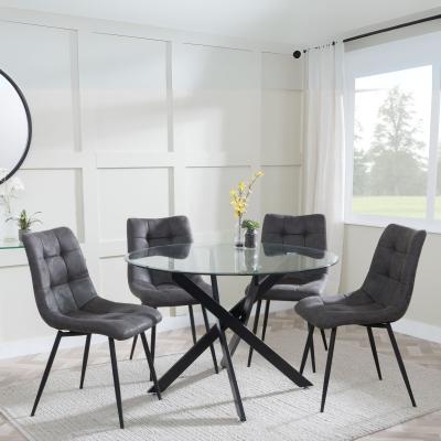 Product photograph of Chopstick Clear Glass And Black Metal 4 Seater Round Dining Set - 4 Corona Grey Fabric Chairs from Choice Furniture Superstore