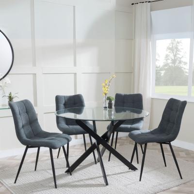 Product photograph of Chopstick Clear Glass And Black Metal 4 Seater Round Dining Set - 4 Corona Light Grey Fabric Chairs from Choice Furniture Superstore