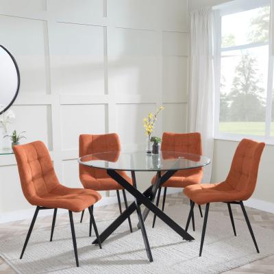 Product photograph of Chopstick Clear Glass And Black Metal 4 Seater Round Dining Set - 4 Corona Orange Fabric Chairs from Choice Furniture Superstore