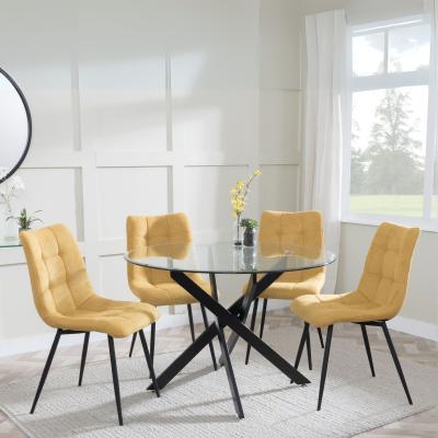 Product photograph of Chopstick Clear Glass And Black Metal 4 Seater Round Dining Set - 4 Corona Yellow Fabric Chairs from Choice Furniture Superstore