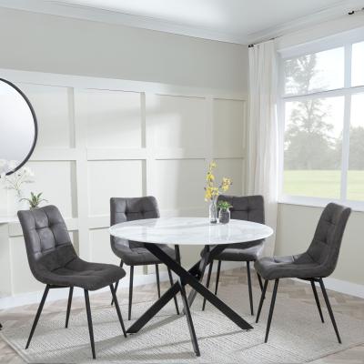 Chopstick White Glass And Black Metal 4 Seater Round Dining Set 4 Corona Grey Fabric Chairs