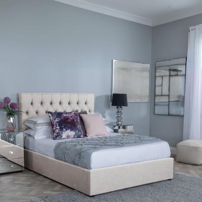 Product photograph of Sandra Oatmeal Fabric Ottoman Storage Bed - Get Duvet Cover Set Free from Choice Furniture Superstore