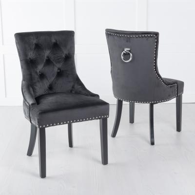 2 x Knocker Back Black Velvet Fabric Dining Chair with Black Wooden Legs