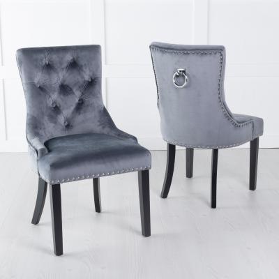 Product photograph of 2 X Knocker Back Grey Velvet Fabric Dining Chair With Black Wooden Legs from Choice Furniture Superstore