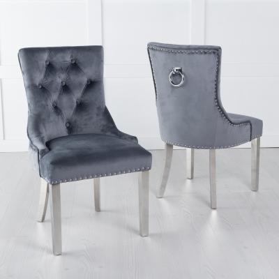 Product photograph of 2 X Knocker Back Grey Velvet Fabric Dining Chair With Chrome Legs from Choice Furniture Superstore