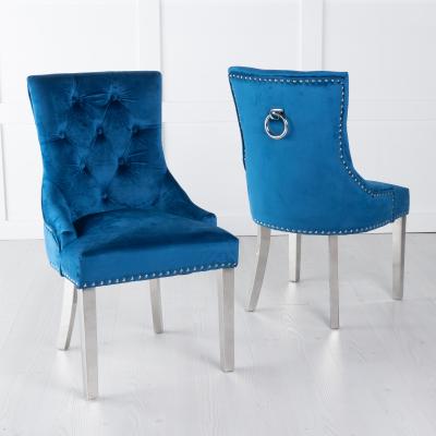 Product photograph of 2 X Knocker Back Blue Velvet Fabric Dining Chair With Chrome Legs from Choice Furniture Superstore