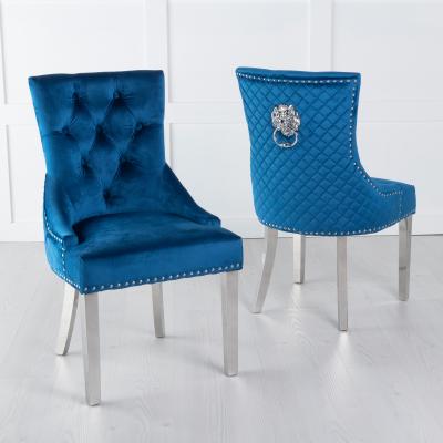 Product photograph of 2 X Lion Knocker Back Blue Velvet Fabric Dining Chair With Chrome Legs from Choice Furniture Superstore