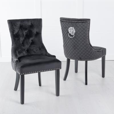 Product photograph of 2 X Lion Knocker Back Black Velvet Fabric Dining Chair With Black Wooden Legs from Choice Furniture Superstore
