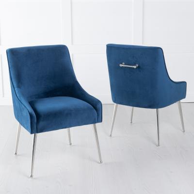 Product photograph of 2 X Giovanni Blue Velvet Fabric Dining Chair With Back Handle And Chrome Legs from Choice Furniture Superstore