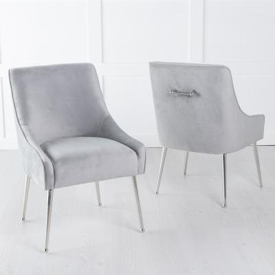 Product photograph of Giovanni Light Grey Velvet Fabric Dining Chair With Back Handle And Chrome Legs from Choice Furniture Superstore