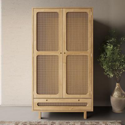 Product photograph of Retro Wood And Rattan 1 Drawer Combi Wardrobe - 2 Doors from Choice Furniture Superstore