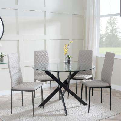 Chopstick Clear Glass And Black Metal 4 Seater Round Dining Set 4 Metro Beige Leather Chairs With Black Legs