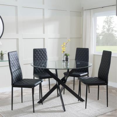 Chopstick Clear Glass And Black Metal 4 Seater Round Dining Set 4 Metro Black Leather Chairs With Black Legs