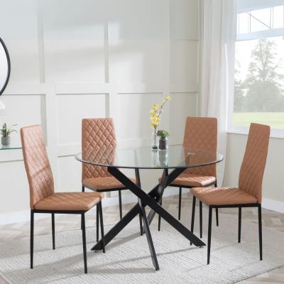 Chopstick Clear Glass And Black Metal 4 Seater Round Dining Set 4 Metro Burnt Orange Leather Chairs With Black Legs