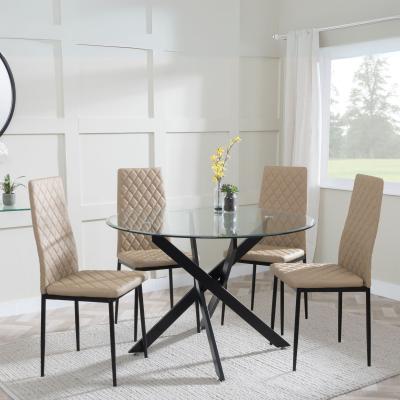 Chopstick Clear Glass And Black Metal 4 Seater Round Dining Set 4 Metro Cappuccino Leather Chairs With Black Legs