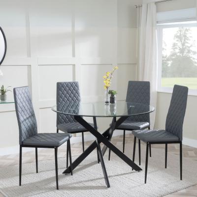 Chopstick Clear Glass And Black Metal 4 Seater Round Dining Set 4 Metro Grey Leather Chairs With Black Legs