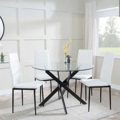 Product photograph of Chopstick Clear Glass And Black Metal 4 Seater Round Dining Set - 4 Metro White Leather Chairs With Black Legs from Choice Furniture Superstore