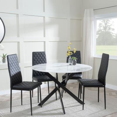 Chopstick White Glass And Black Metal 4 Seater Round Dining Set 4 Metro Black Leather Chairs With Black Legs