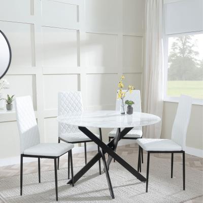 Chopstick White Glass And Black Metal 4 Seater Round Dining Set 4 Metro White Leather Chairs With Black Legs