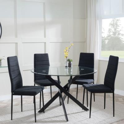 Chopstick Clear Glass And Black Metal 4 Seater Round Dining Set 4 Lido Black Fabric Chairs With Black Legs