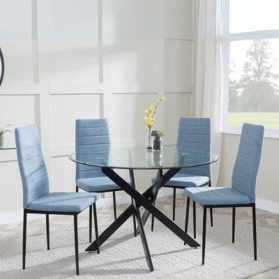 Chopstick Clear Glass And Black Metal 4 Seater Round Dining Set 4 Lido Blue Fabric Chairs With Black Legs