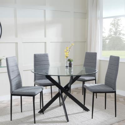 Chopstick Clear Glass And Black Metal 4 Seater Round Dining Set 4 Lido Dark Grey Fabric Chairs With Black Legs