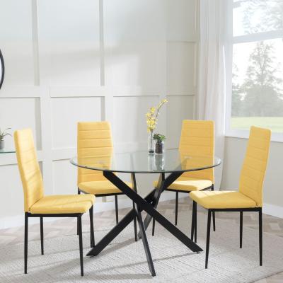 Chopstick Clear Glass And Black Metal 4 Seater Round Dining Set 4 Lido Yellow Fabric Chairs With Black Legs