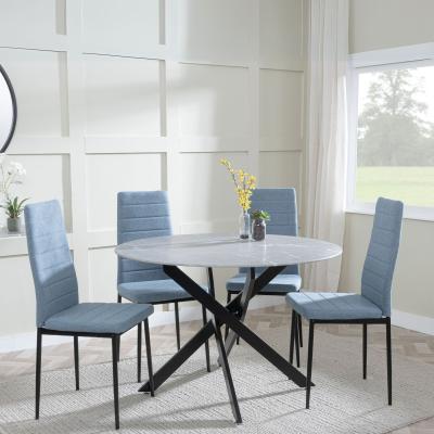 Chopstick Grey Glass And Black Metal 4 Seater Round Dining Set 4 Lido Blue Fabric Chairs With Black Legs