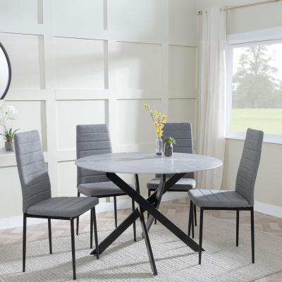 Chopstick Grey Glass And Black Metal 4 Seater Round Dining Set 4 Lido Dark Grey Fabric Chairs With Black Legs