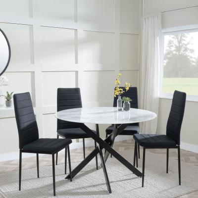 Chopstick White Glass And Black Metal 4 Seater Round Dining Set 4 Lido Black Fabric Chairs With Black Legs