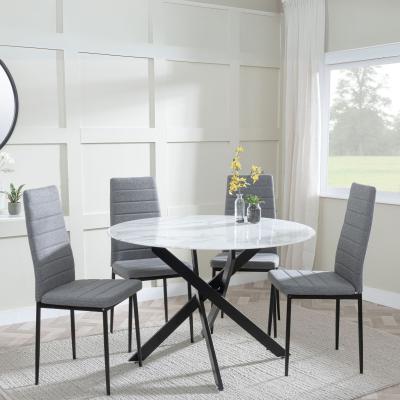 Chopstick White Glass And Black Metal 4 Seater Round Dining Set 4 Lido Dark Grey Fabric Chairs With Black Legs