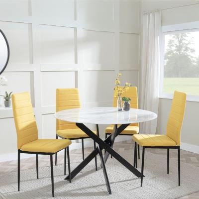 Chopstick White Glass And Black Metal 4 Seater Round Dining Set 4 Lido Yellow Fabric Chairs With Black Legs