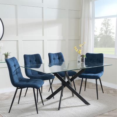 Chopstick Clear Glass And Black Metal Dining Set Corona Blue Fabric Chairs