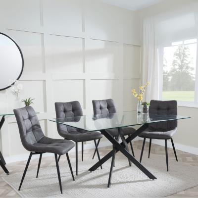 Chopstick Clear Glass And Black Metal Dining Set Corona Grey Fabric Chairs