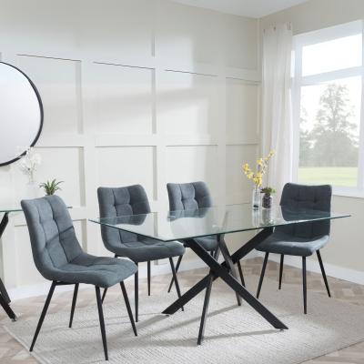 Chopstick Clear Glass And Black Metal Dining Set Corona Light Grey Fabric Chairs