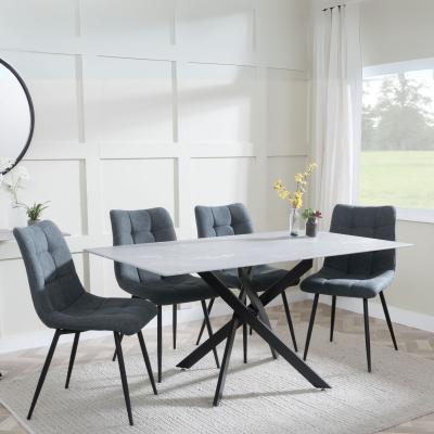 Chopstick Grey Glass And Black Metal Dining Set Corona Light Grey Fabric Chairs