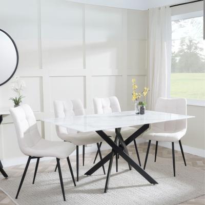 Chopstick White Glass And Black Metal Dining Set Corona Beige Fabric Chairs