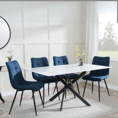 Chopstick White Glass And Black Metal Dining Set Corona Blue Fabric Chairs