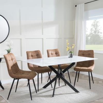 Chopstick White Glass And Black Metal Dining Set Corona Brown Fabric Chairs