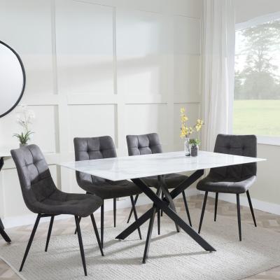 Chopstick White Glass And Black Metal Dining Set Corona Grey Fabric Chairs