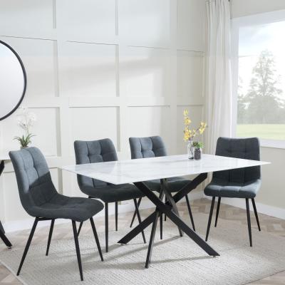 Chopstick White Glass And Black Metal Dining Set Corona Light Grey Fabric Chairs