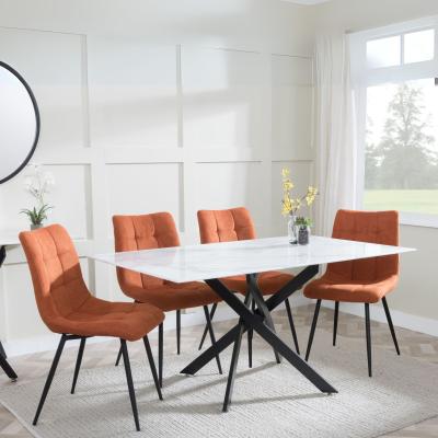 Product photograph of Chopstick White Glass And Black Metal Dining Set - Corona Orange Fabric Chairs from Choice Furniture Superstore