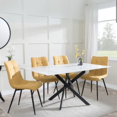 Chopstick White Glass And Black Metal Dining Set Corona Yellow Fabric Chairs