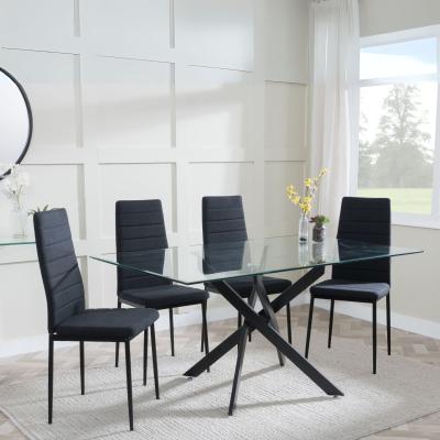 Chopstick Clear Glass And Black Metal Dining Set Lido Black Fabric Chairs With Black Legs